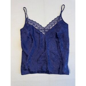 Vintage Y2K August Silk Med Camisole Navy Blue 100% Silk Lace Floral Damask